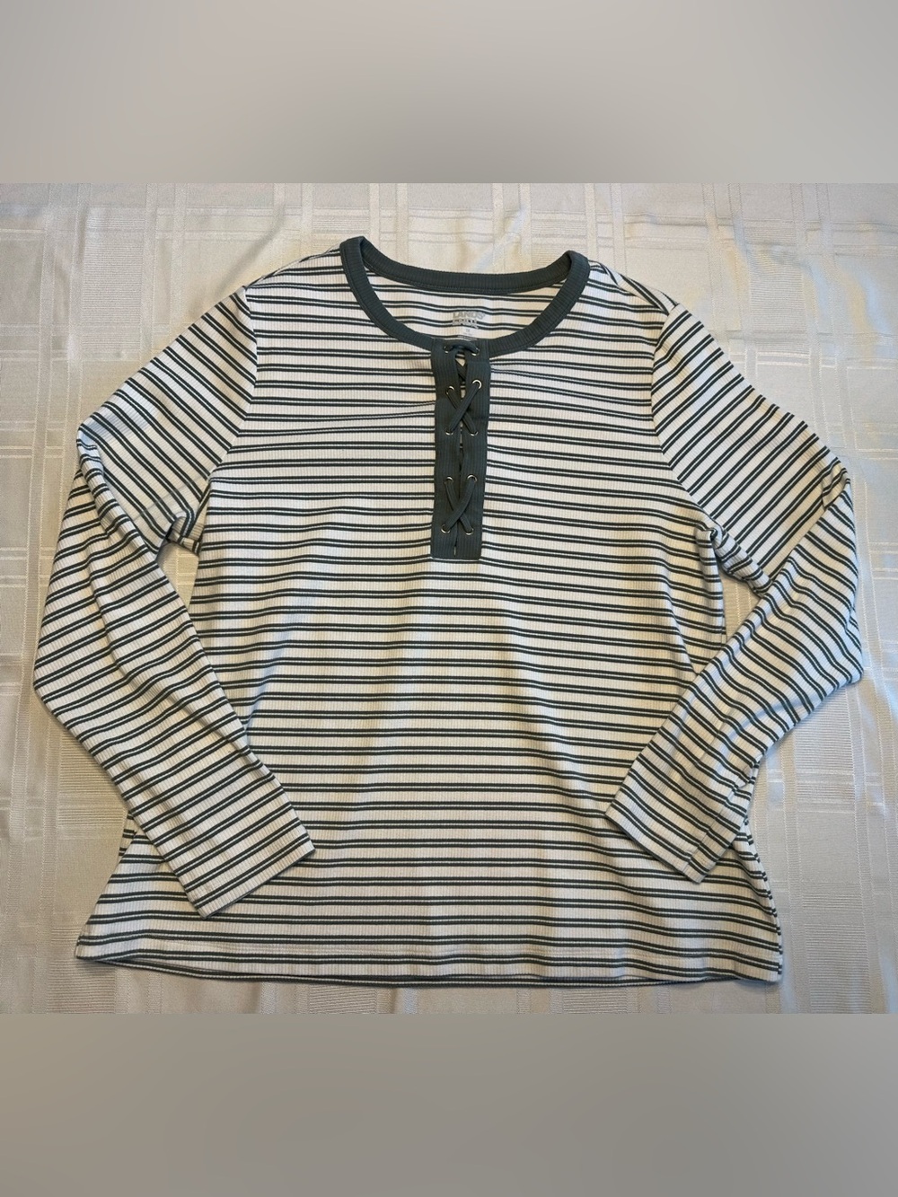 Lands' End Henley Shirt Women's Size 1X Green White Stripe Polished Rib Tie Top